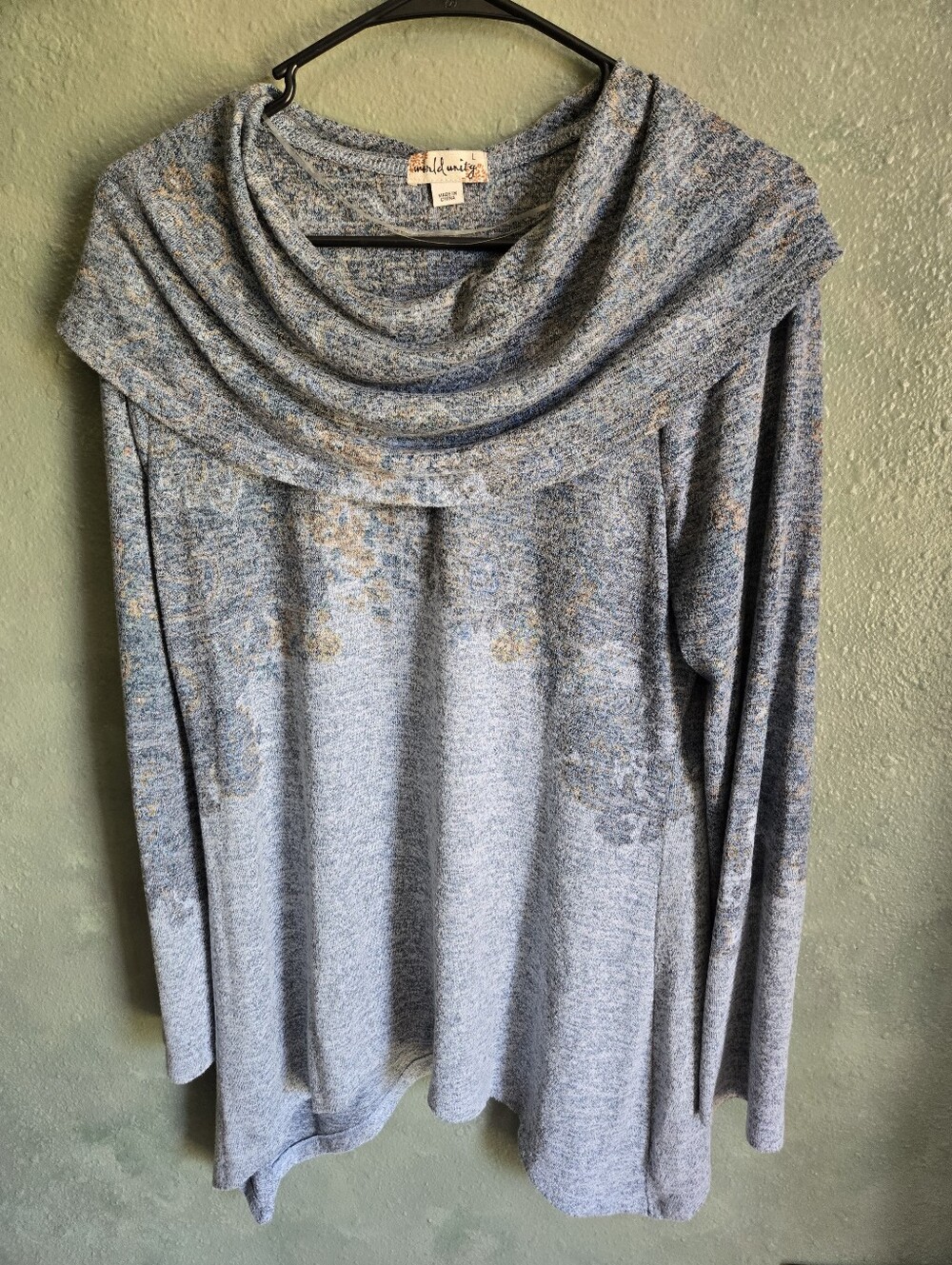 World Unity - Cowl Neck Sweater Sharkbite Hem Gray Pullover Top - Women's L